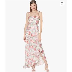 WAYF Red & Green Floral Tie Strap Satin Maxi Dress Asymmetrical Ruffle Size S